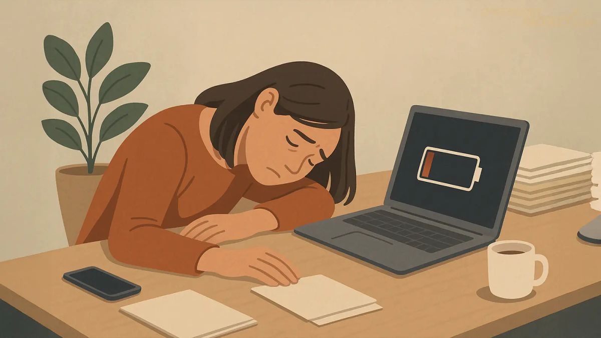 A woman with medium-length dark hair slumped over a desk, her head resting on her left arm in exhaustion. A nearly empty battery symbol is displayed on the open laptop beside her.