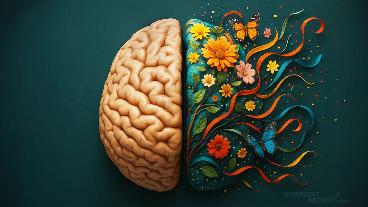 A lifelike brain split in half: the left side is realistic and organic, while the right side bursts with flowers, butterflies, and swirling ribbons on a deep teal background.