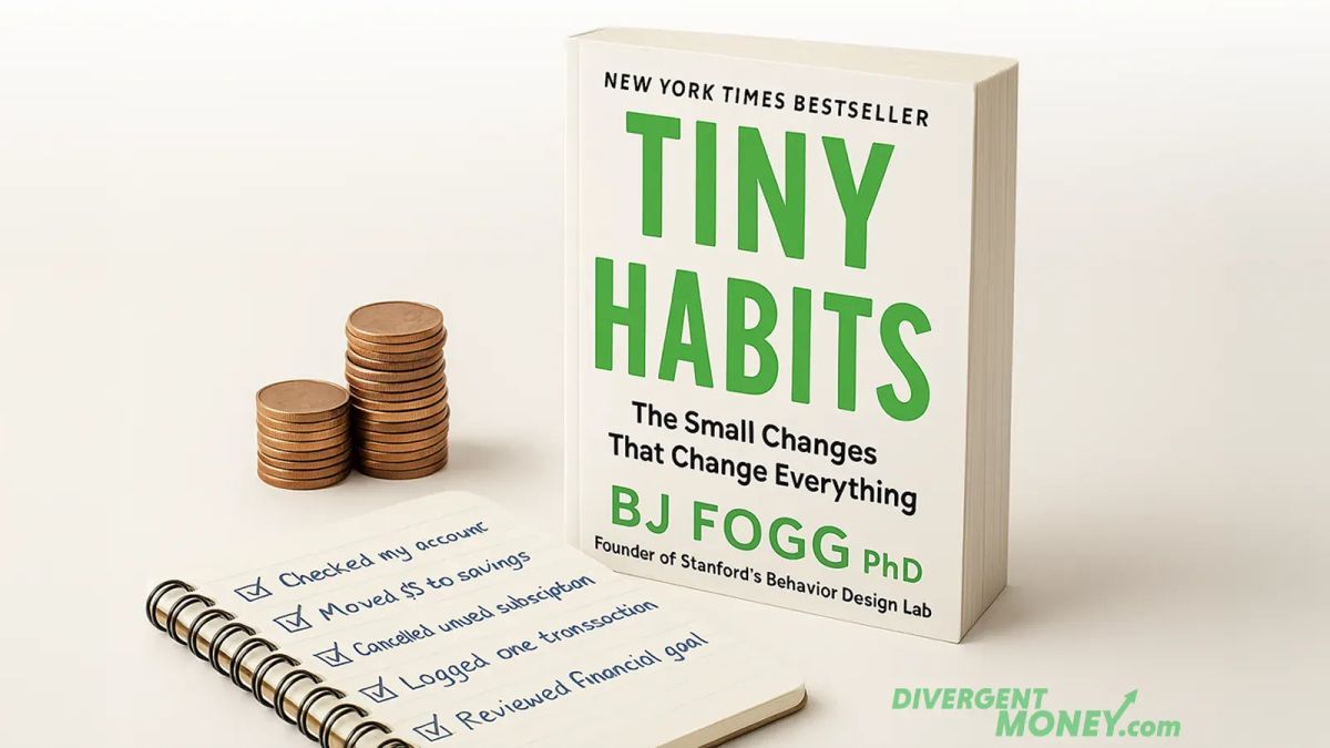 Tiny Habits: A Neurodivergent Take on BJ Fogg’s Behavior Blueprint with stacked coins and checked off items in a notebook.