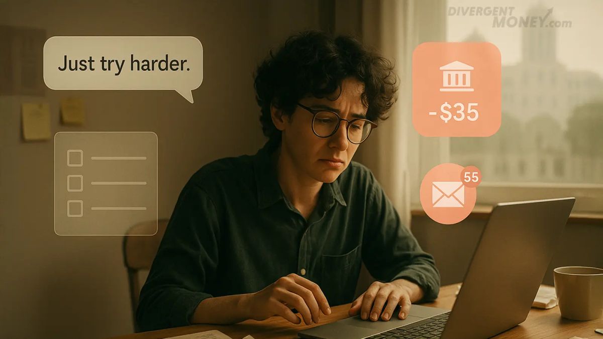 A person struggling with countless microtraumas and judgements sitting in front of a computer, overwhelmed by negative information.