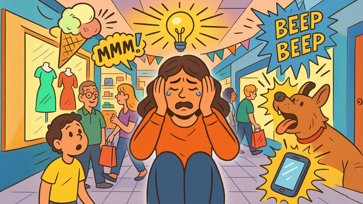 An illustrated cartoon of a woman suffering a sensory meltdown from noises and other sensory overload.