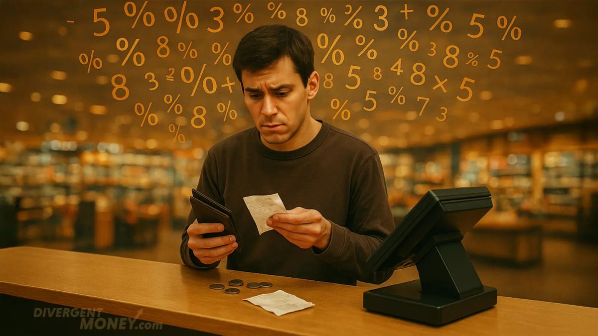 A man struggling with numbers in a department store while numbers and percentages float confusingly in the air.