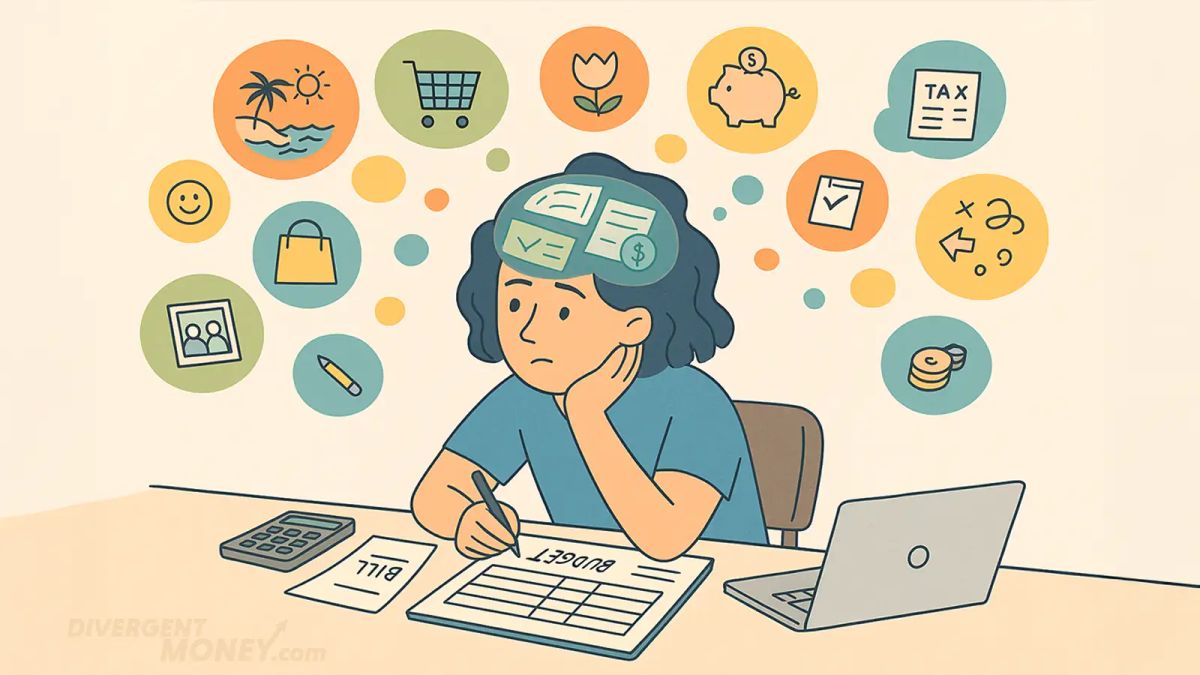 Illustration of a woman trying to work on budgeting while her mind wanders to other tasks.