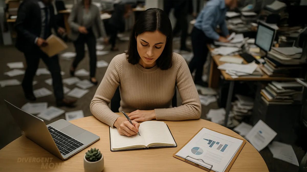 Photo of a woman calmly journaling at a round desk with a subtle cutout, surrounded by blurred coworkers and scattered papers in a chaotic office environment.