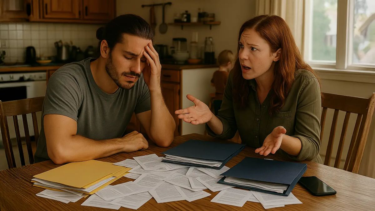 A COUPLE IN A MESSY KITCHEN, WITH A KID IN THE BACKGROUND, BILLS SCATTERED, ONE PARTNER HOLDING THEIR HEAD, THE OTHER SPEAKING. TENSION, OVERWHELM, LIFE HAPPENING.