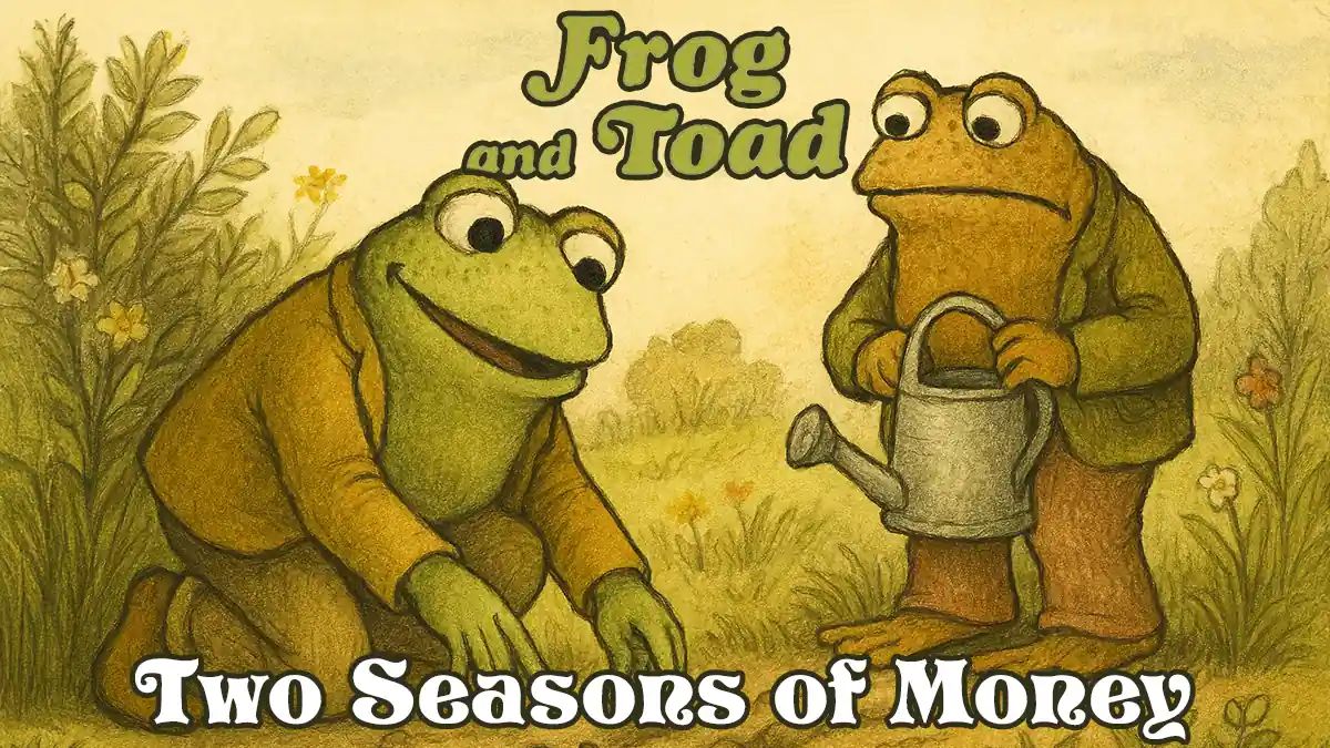 Frog plants seeds with a smile while Toad watches warily with a watering can in a bright spring meadow.