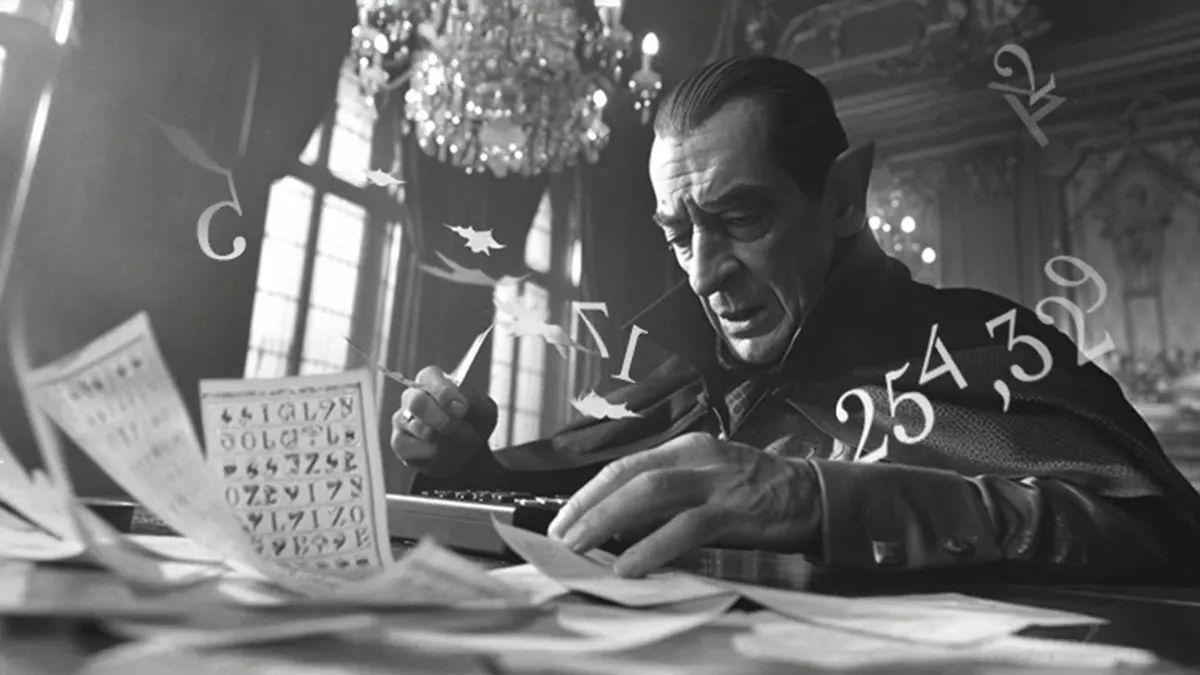 A gothic figure hunched over receipts surrounded by ghostlike numbers a metaphor for the confusion of dyscalculia.