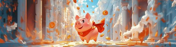 Emergency Funds to the Rescue, a piggy bank dressed as a superhero with gold coins falling from the sky