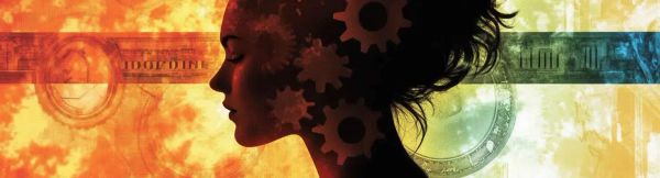 Silhouette of a woman with gears in her head, symbolizing ADHD and financial mindset, overlaid with money and time elements.