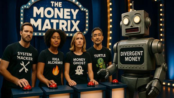 The Divergent Money Matrix Quiz Show with 4 contestants and a robot host.