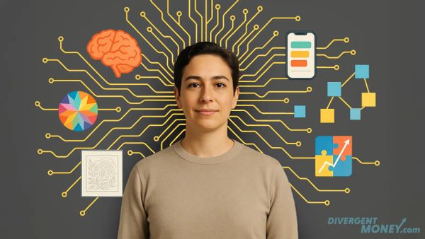 Confident neurodivergent person with glowing neural circuits radiating from their head, connecting to icons of a brain, kaleidoscope, budget app, puzzle graph, and creative sketch.
