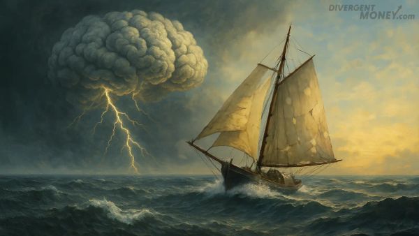 A rich painting depicting a ship sailing into a storm with a cloud shaped like a thundering brain.