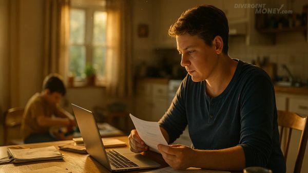 SITTING AT A KITCHEN TABLE AT SUNSET, REVIEWING FINANCIAL PAPERS WITH A LAPTOP OPEN, A CHILD WITH AUTISM VISIBLE IN THE BACKGROUND PLAYING QUIETLY.