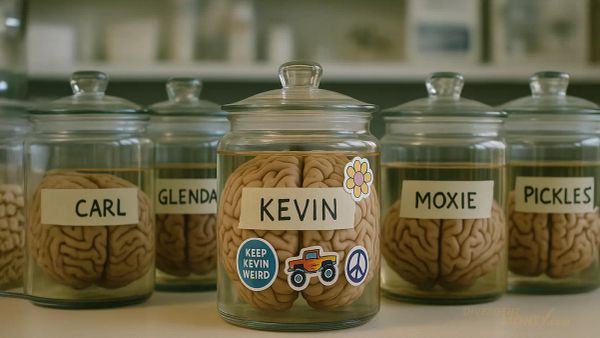 A row of labeled jars each holding a brain, including one named Kevin covered in whimsical stickers like “Keep Kevin Weird” and a monster truck.