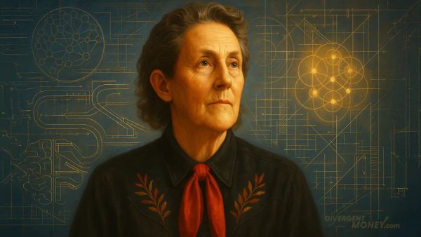 A painting of Temple Grandin against a background of gold colored cognitive patterns