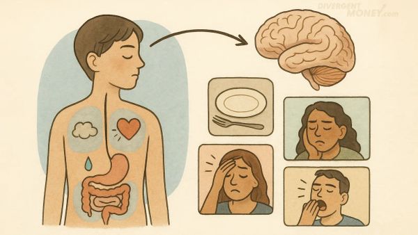 Hand-drawn diagram showing how internal body signals like hunger, fatigue, and emotion connect to the brain, highlighting interoception in a warm, accessible illustration.
