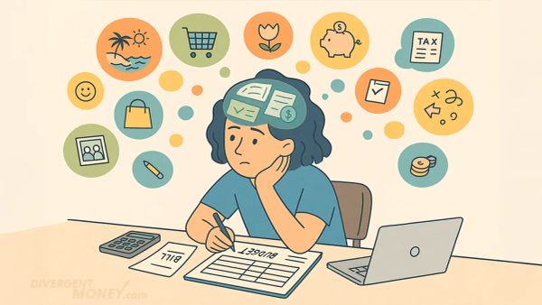 Illustration of a woman trying to work on budgeting while her mind wanders to other tasks.