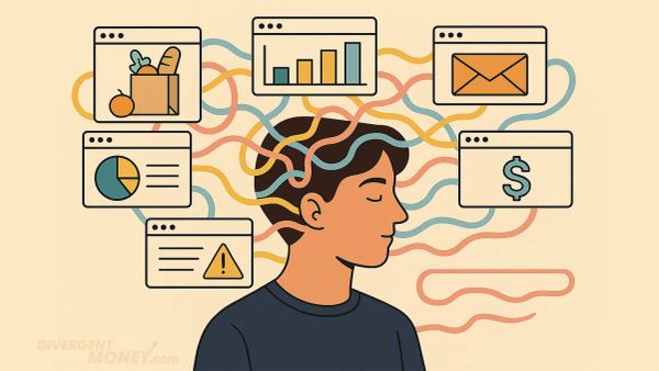A calm person sits surrounded by browser windows showing icons like groceries, charts, and alerts, with colorful lines symbolizing multitasking and mental load.