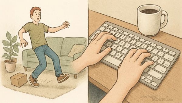 Split illustration showing a man stumbling over a box in a living room on the left, and close-up hands typing on a keyboard with a coffee mug on the right, highlighting proprioception.