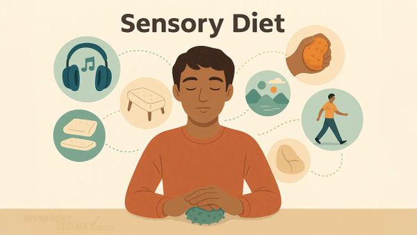 Illustration of a man focusing on calming thoughts while pressing down on a stim device.