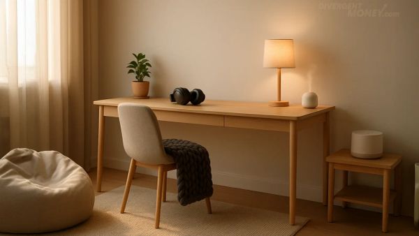 A photo of a sensory-friendly environment, simple, not cluttered, warm lighting.