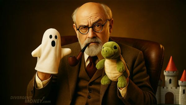 Elderly man styled like Freud sits in a study with ghost puppets on each hand and a pipe in his mouth, toy castle blurred in background. Humorous, surreal therapy-themed portrait.