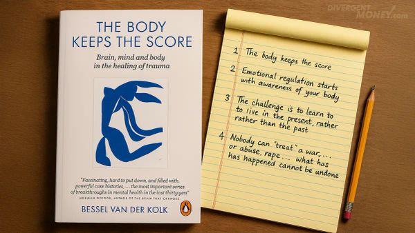 The Body Keeps The Score by Bessel Van Der Kolk book and review notes sitting on a desk.