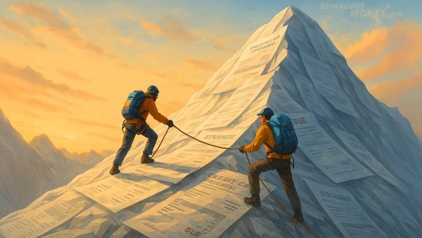 wo climbers roped together scale a mountain of credit-card bills at sunrise—visual metaphor for ADHD debt payoff with a Money Buddy | Divergent Money.