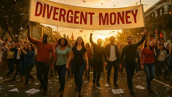 A street celebration featuring diverse people marching with a "Divergent Money" banner.
