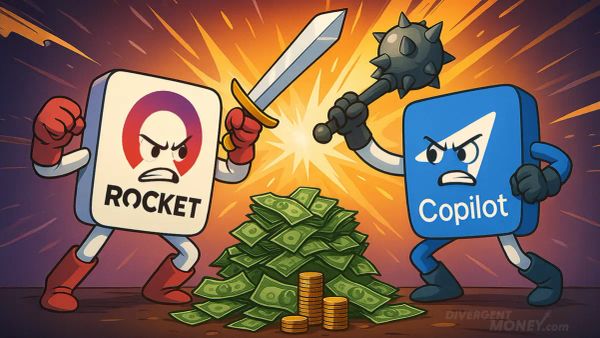 Cartoon of Rocket Money and CoPilot Money app icons fighting over a pile of cash—Rocket with a sword, Copilot with a mace, explosive background behind them.