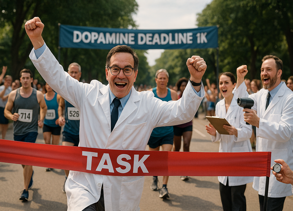 Scientist in white coat crosses a TASK finish line at a Dopamine Deadline 1K race, cheered by colleagues and runners — metaphor for turning ADHD urgency into financial tools.
