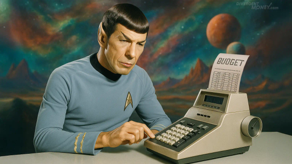 A Vulcan uses a retro styled calculating machine for logical budgeting.