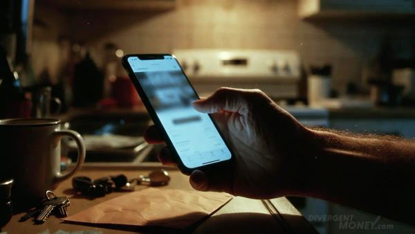 Person sitting at a kitchen counter at night, holding a smartphone with an unreadable finance app screen, with a mug, keys, and a wrinkled envelope on the counter under warm light.