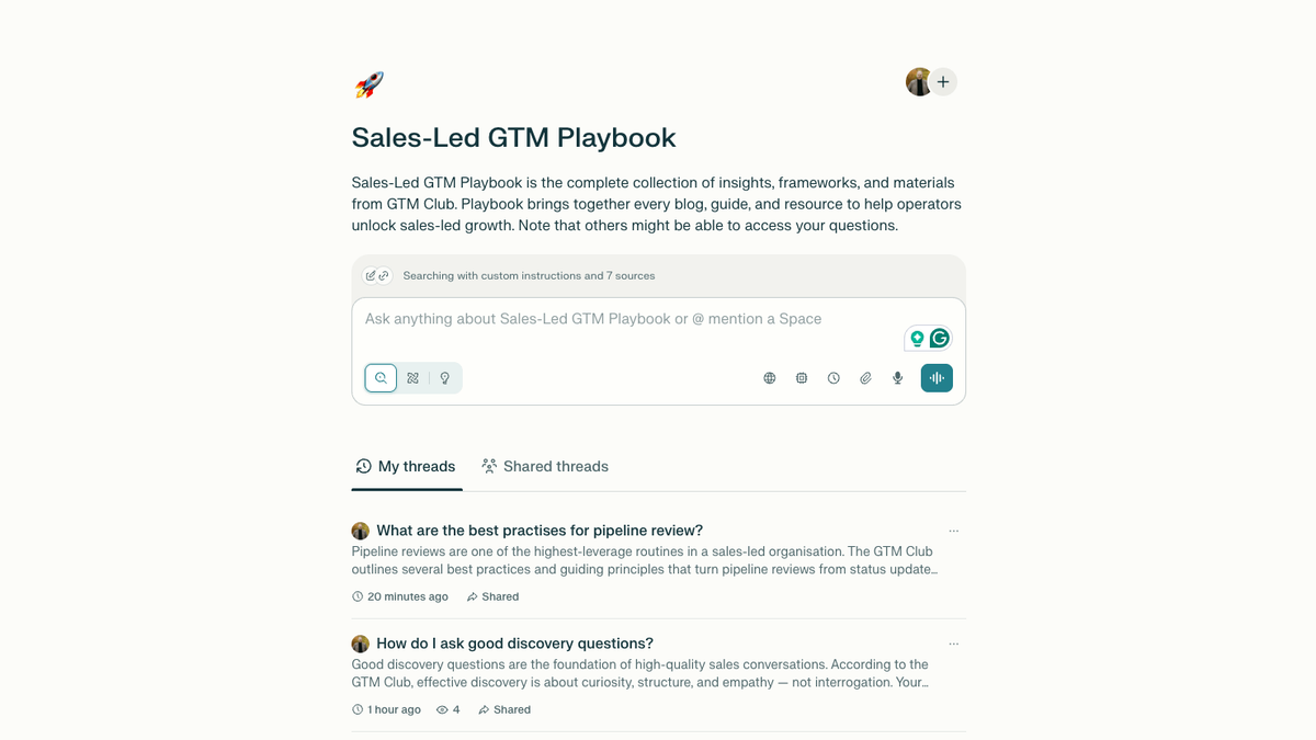 Sales-Led GTM Playbook is a Perplexity Spaces powered with resources curated by the GTM Club.