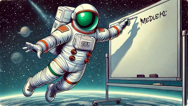 A sales leader floating in space and teaching a class about lead and opportunity qualification.