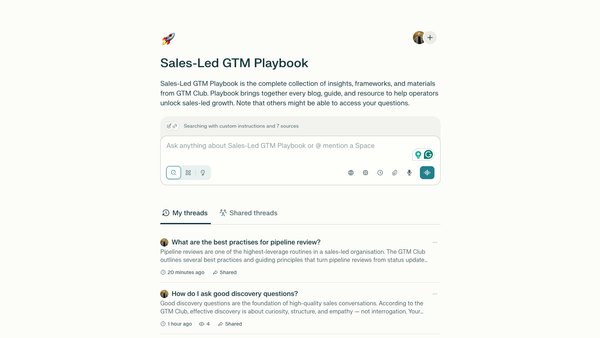 Sales-Led GTM Playbook is a Perplexity Spaces powered with resources curated by the GTM Club.