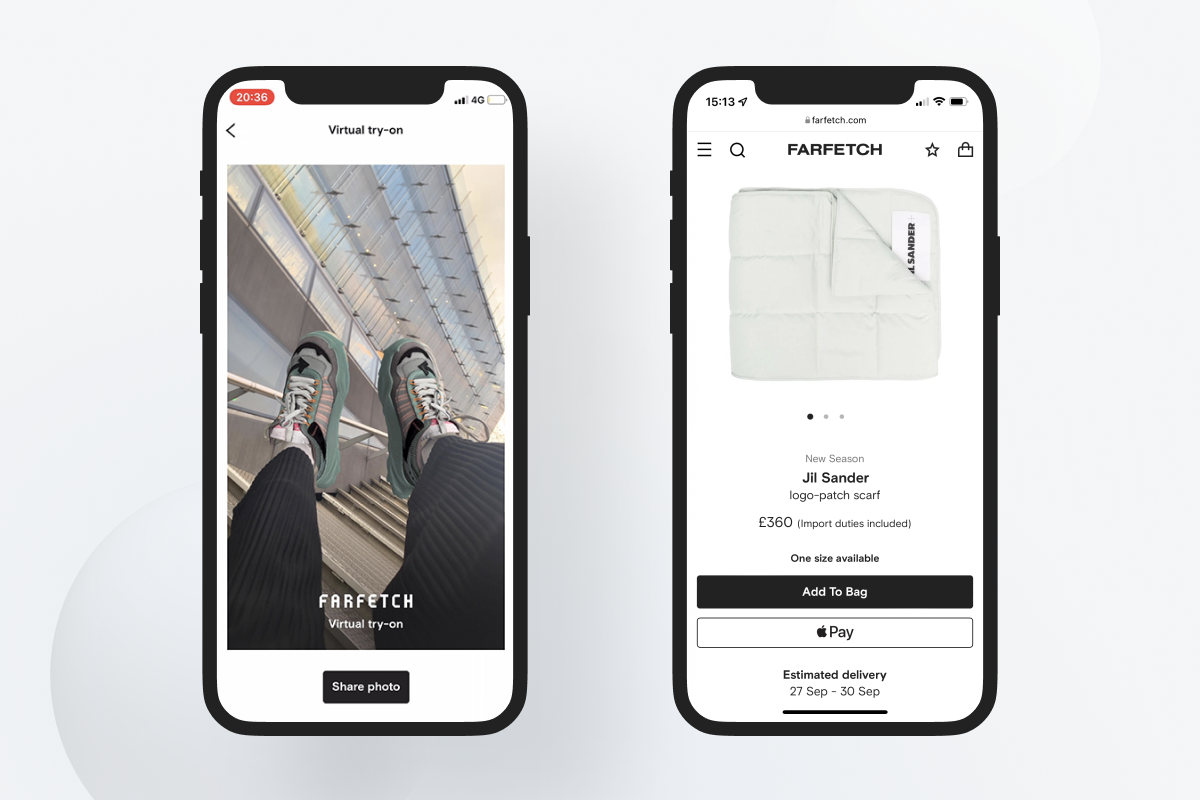 Two screenshots of Farfetch mobile app and mobile version of the website. 