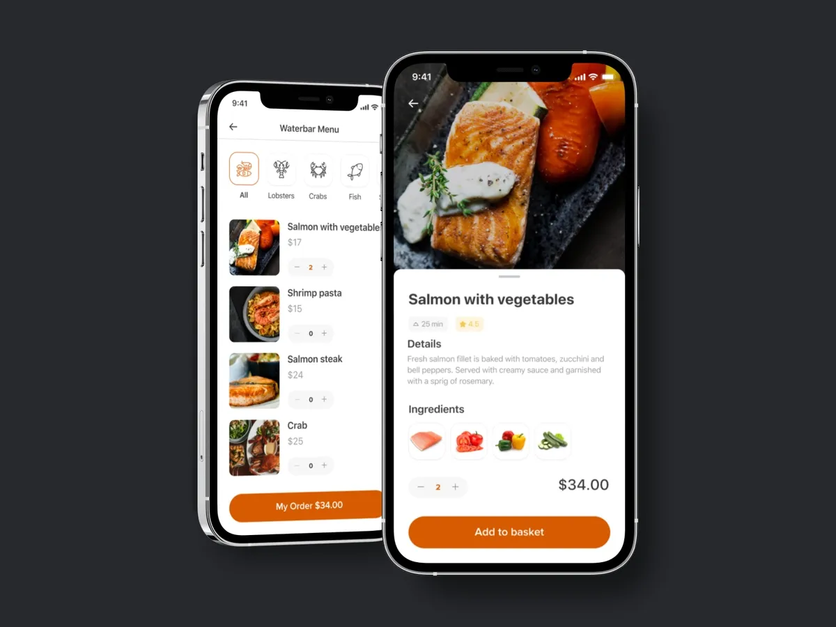 Two screenshots of the mobile app for food delivery and pickup