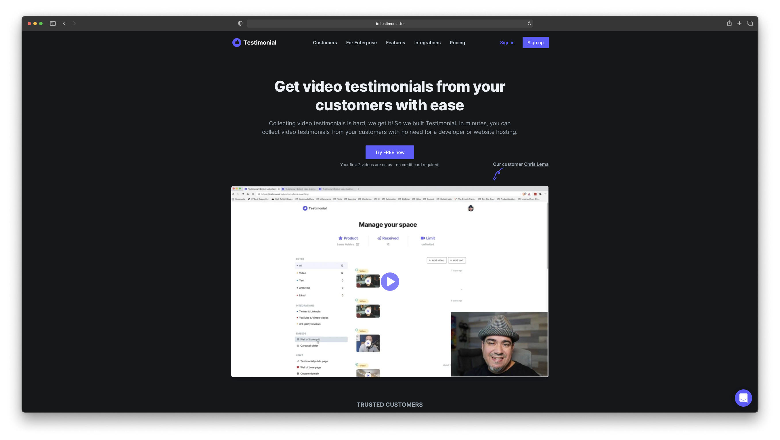 Testimonial landing page