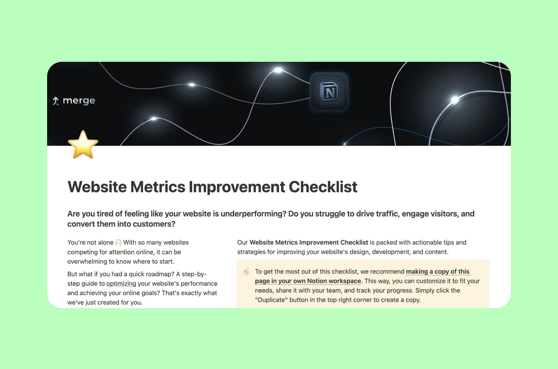 Free website metrics improvement checklist