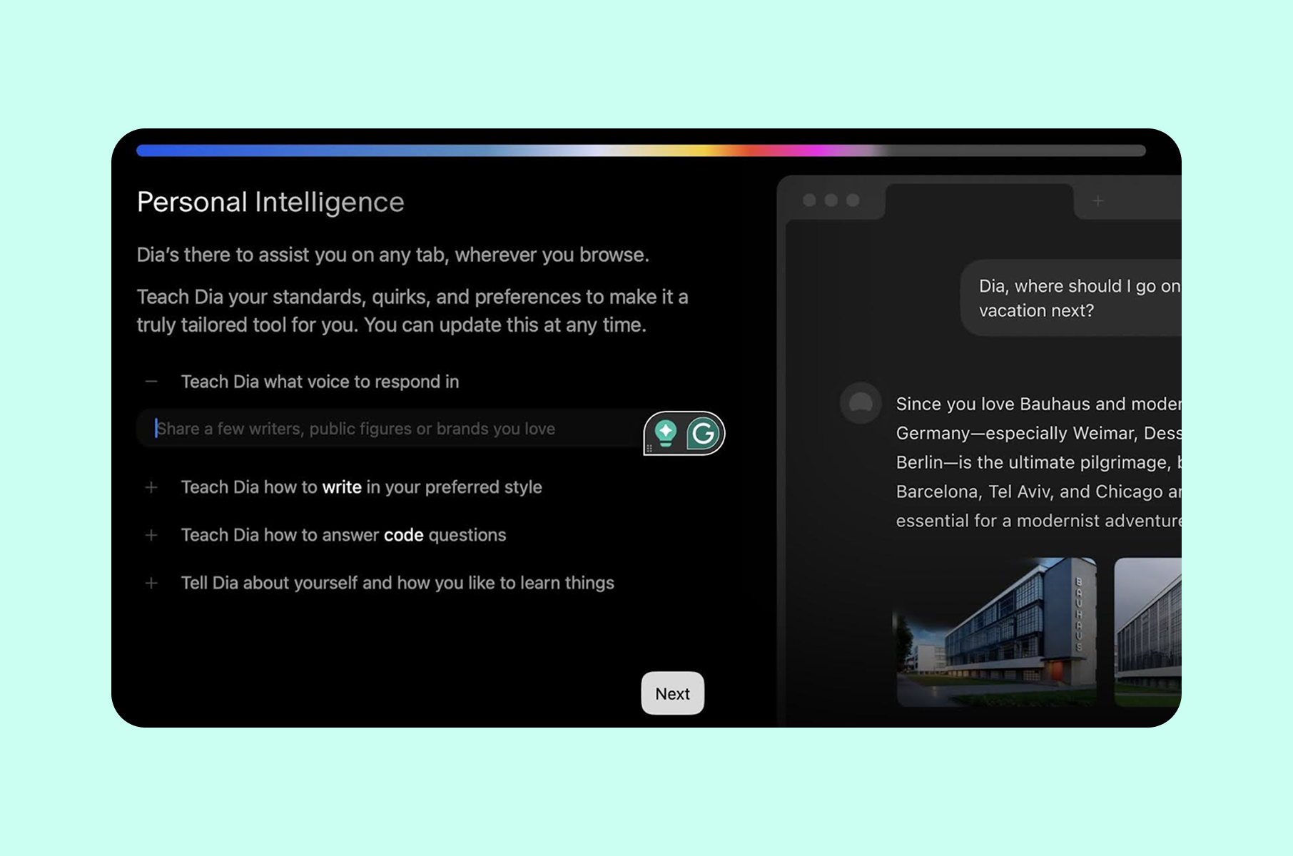 Onboarding experience of Dia Browser