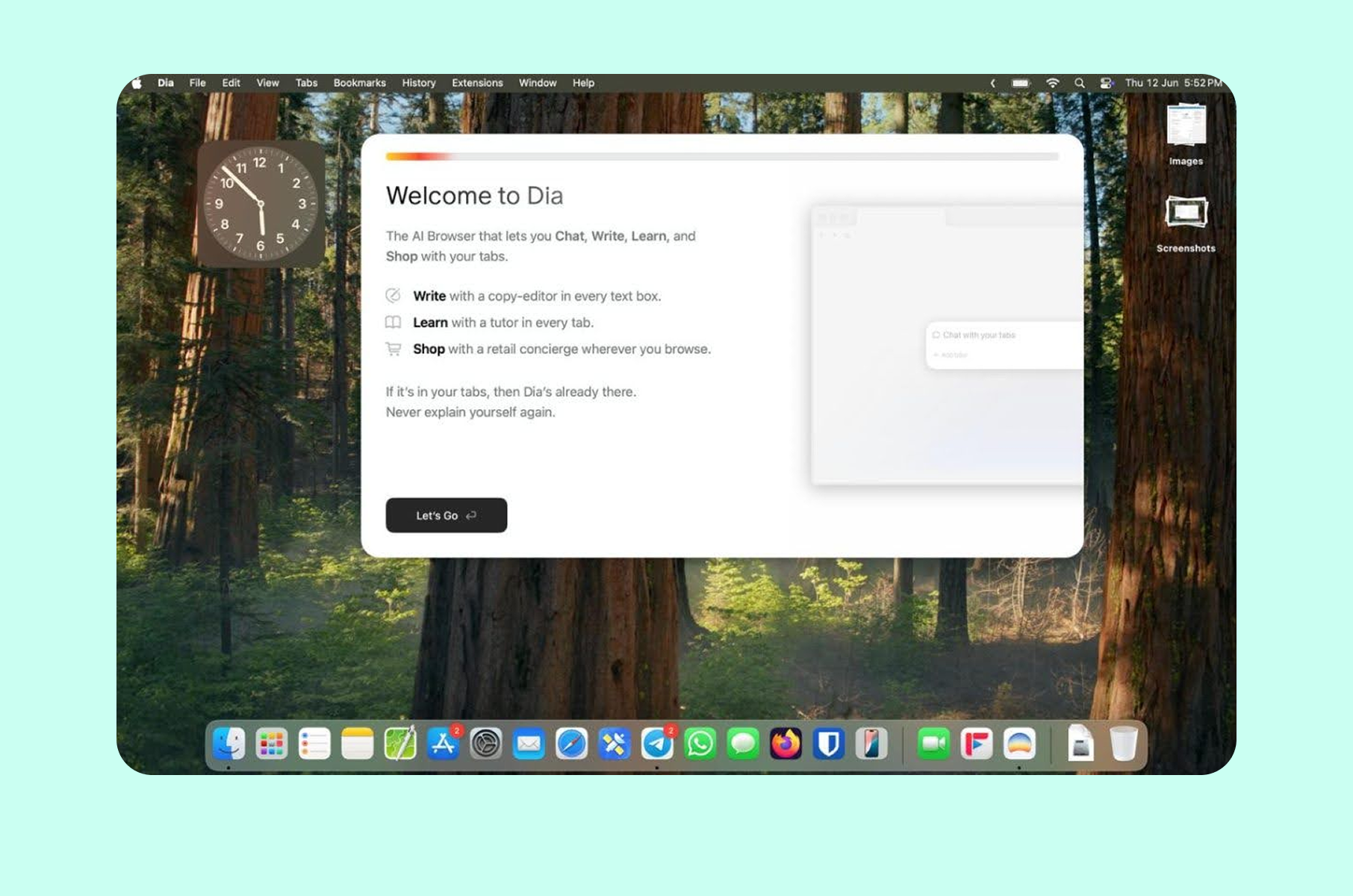 Onboarding experience of Dia Browser