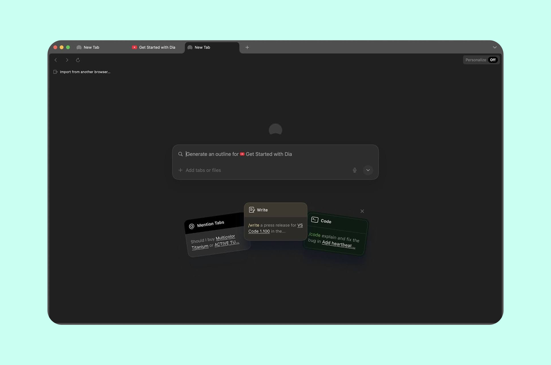 Onboarding experience of Dia Browser