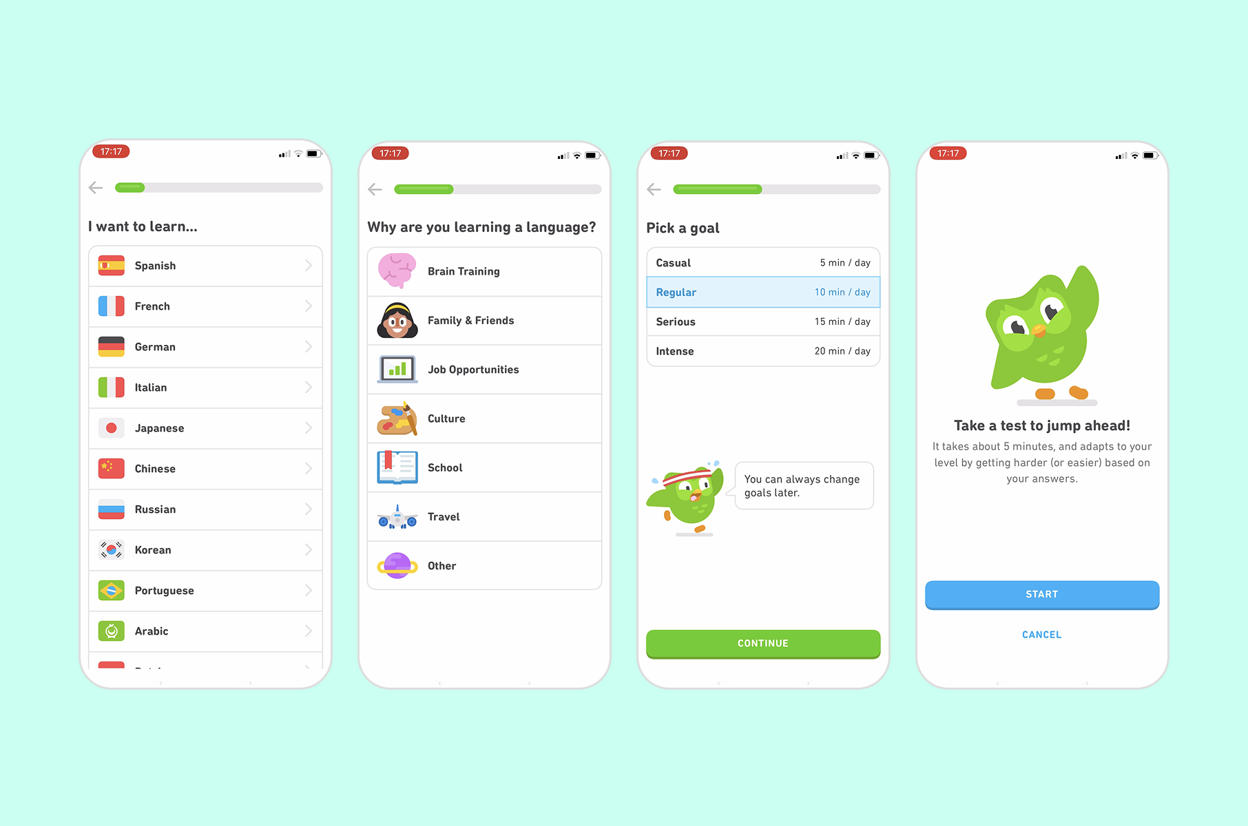 Onboarding experience of Duolingo