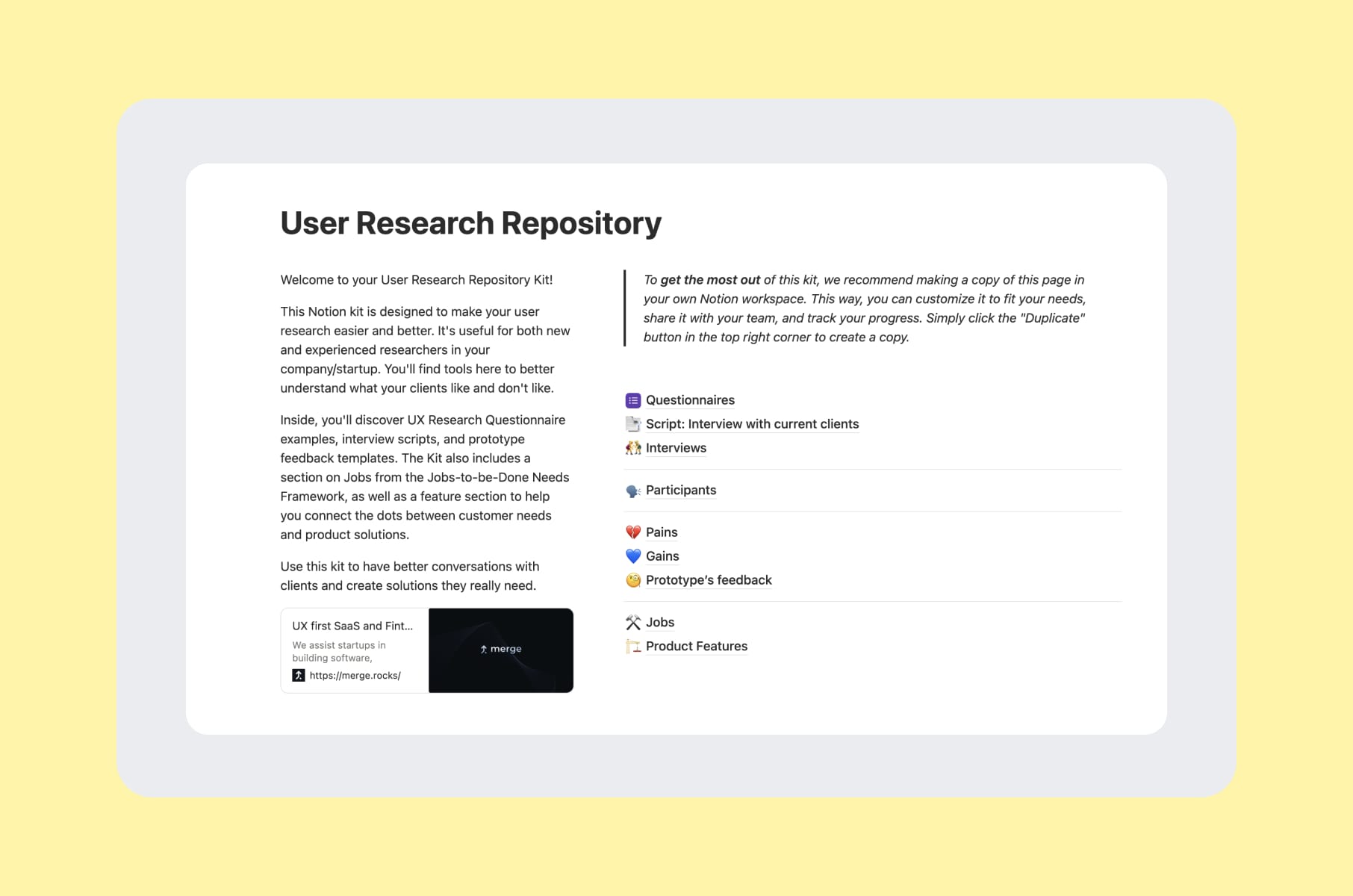 User Research Notion kit