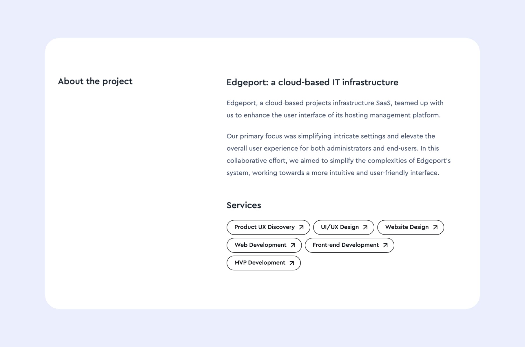Merge case study page for Edgeport, listing Front-end Development among the project's services