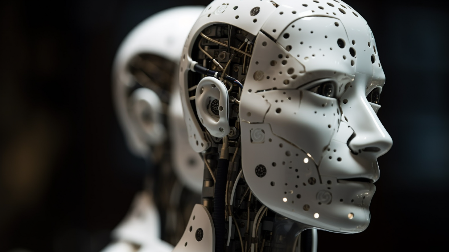 A humanoid robot with a plastic human face mask