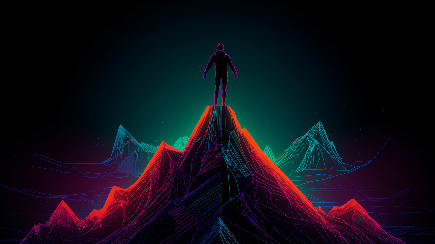 A person standing on top of a mountain, representing the feeling of accomplishment and triumph