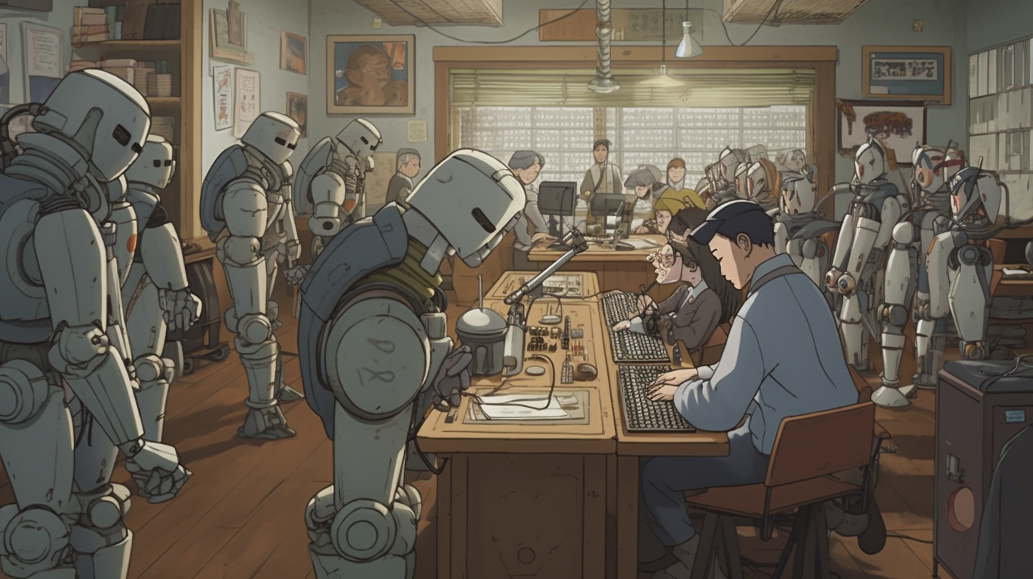 Humanoid robots being taught in a classroom by humans