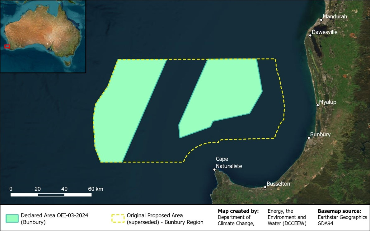 Map demonstrating ocean windfarm feasibility acreage north and northwest of Cape Naturaliste, WA